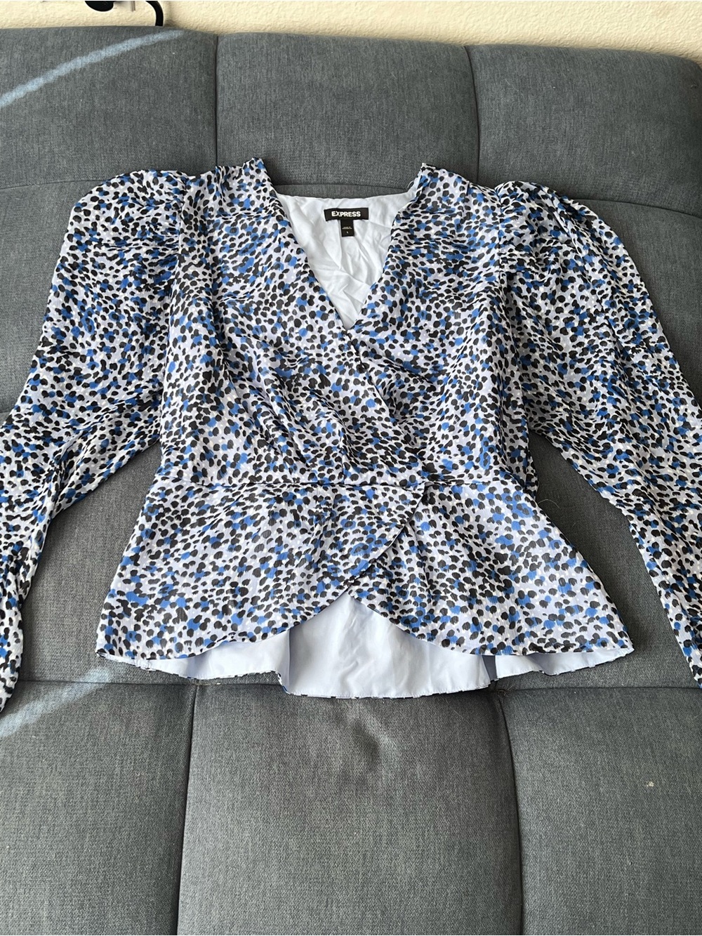 Express Blue, Black and White Printed Wrap Blouse